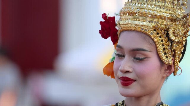 Close Up Portrait of Thai Khon Dancer in Traditional Costume