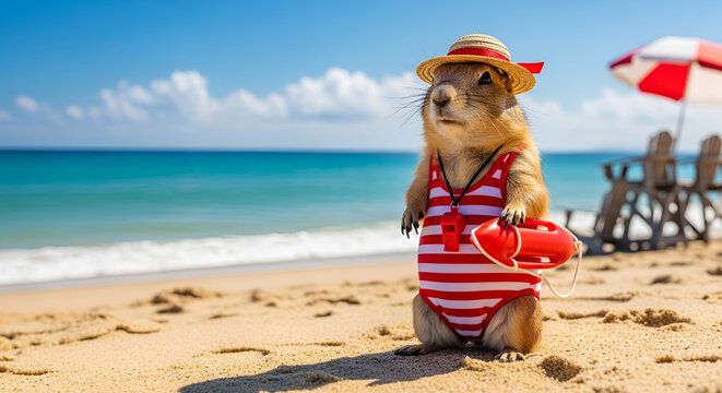 Prairie dog lifeguard wearing a hat and striped swimsuit stands on a sandy beach with ocean view; sunny summer vacation