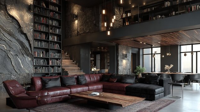 Loft estudio de dise&ntilde;o de lujo con mobiliario oscuro creado con IA generativa, espacio creativo sofisticado con est&eacute;tica contempor&aacute;nea industrial. 