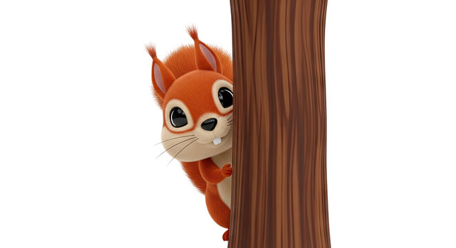 Cute cartoon squirrel peeking from behind a tree trunk