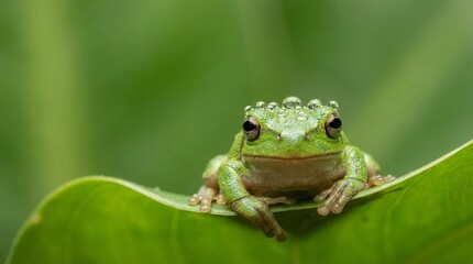 Obraz premium Tiny green frog with water droplets on its head sits on a leaf