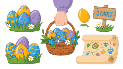 Fototapeta premium Colorful Easter eggs and basket with flowers and scroll on white