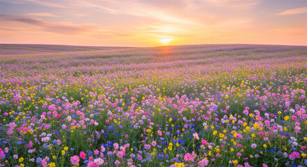 Fototapeta premium Vibrant wildflower meadow bathed in the warm glow of a breathtaking sunset.