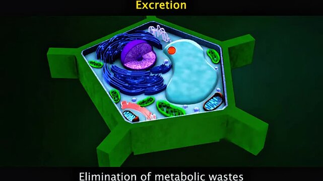 3D animation showing excretion in plants and animals with waste removal systems and processes.