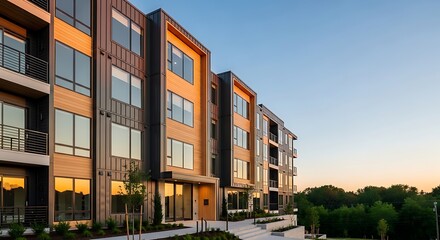 Obraz premium Modern Apartment Building Exterior at Sunset with Warm Light and Contemporary Architecture
