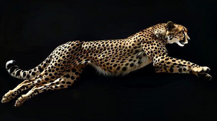 Fototapeta premium Cheetah sprints across a dark background highlighting its spotted golden fur and athletic musculature.