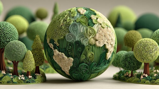 Planeta 3D tallado con efecto de papel y manualidades naturaleza sostenibilidad, planeta verde ecologismo creado con IA generativa