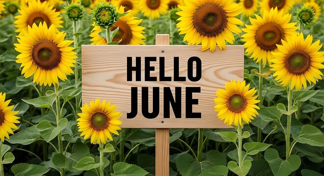A Beautiful Field of Sunflowers Welcoming Summer with a Hello June Sign