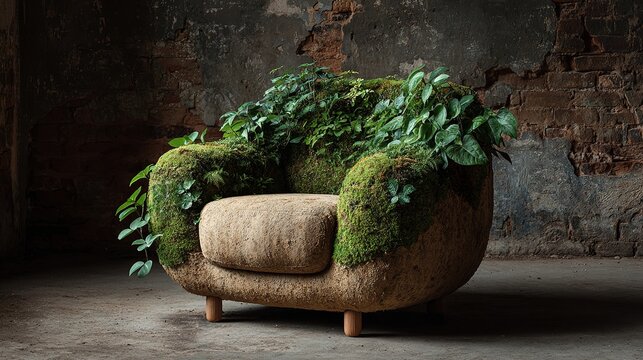 Sill&oacute;n org&aacute;nico hecho con plantas y vegetaci&oacute;n natural creada con IA generativa fusionando mobiliario y jard&iacute;n viviente