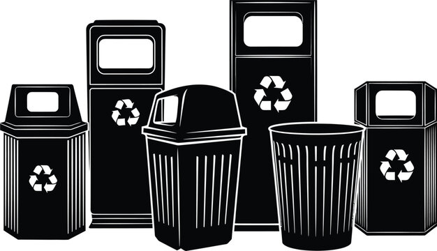 Black Trash Cans and Recycling Bins on White Background