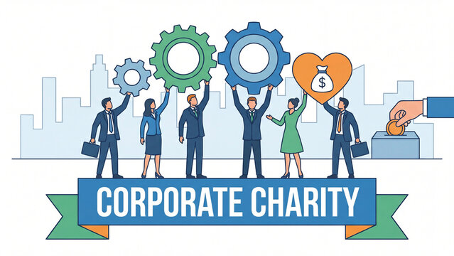 Corporate charity and social responsibility concept with business team collaborating on community donation fundraising and philanthropy for organizational goodwill and humanitarian impact