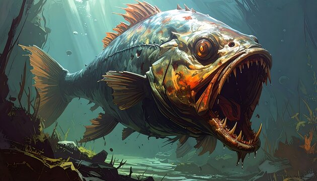 A fierce, oversized fish with sharp teeth and open jaws swims in murky water, illuminated by shafts of light