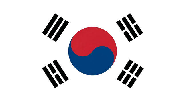 The flag of South Korea, also known as the Taegukgi, features a red and blue yin yang symbol on a white background with four black trigrams.
