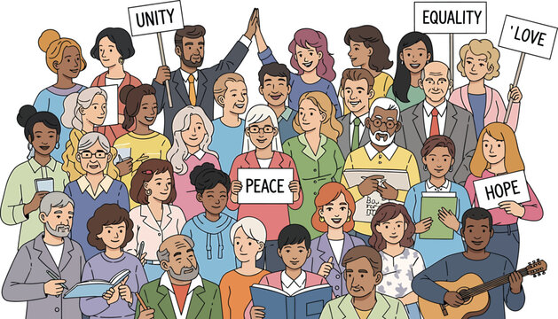 Diverse People Holding Peace Unity Love Hope Equality Signs
