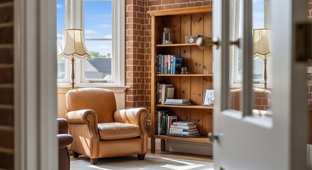 Fototapeta premium Cozy Reading Nook Vintage Armchair and Bookshelf by Sunny Window Ideal for Home Decor Interior Design and Lifestyle Concepts