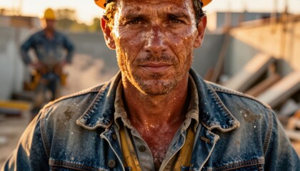 Fototapeta premium Middle-aged construction worker with hard hat and dusty jacket at industrial site during golden hour
