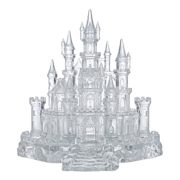 Crystal clear ice castle sculpture on transparent background