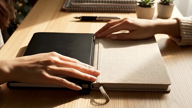 Hands interacting with notebooks on wooden desk in sunlit office