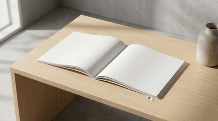 Open book on a wooden table with a vase