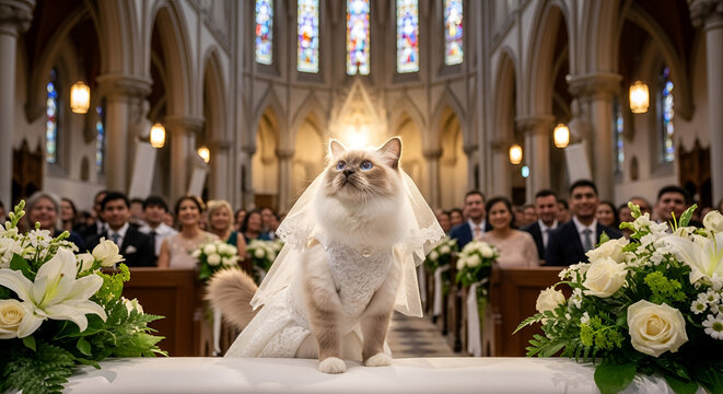 Wedding ragdoll cat bride in white dress and veil standing at altar in church interior funny cute pet ceremony