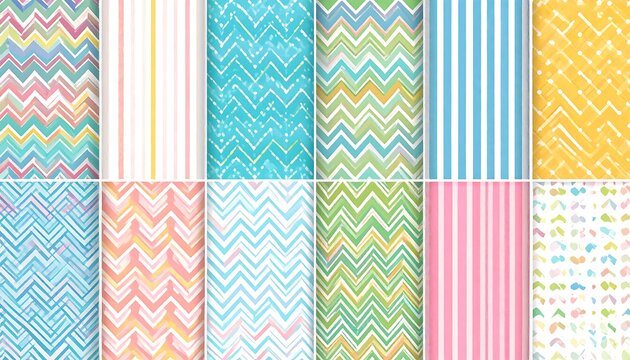 A collection of various patterned backgrounds, including zigzags, stripes, and irregular dotted lines in a colorful arrangement