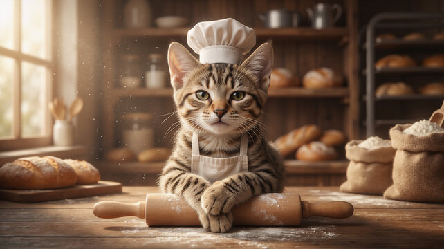 Tabby kitten baker wearing a chef hat and apron with a rolling pin. Feline pastry chef in a rustic bakery with bread. Cooking and baking concept