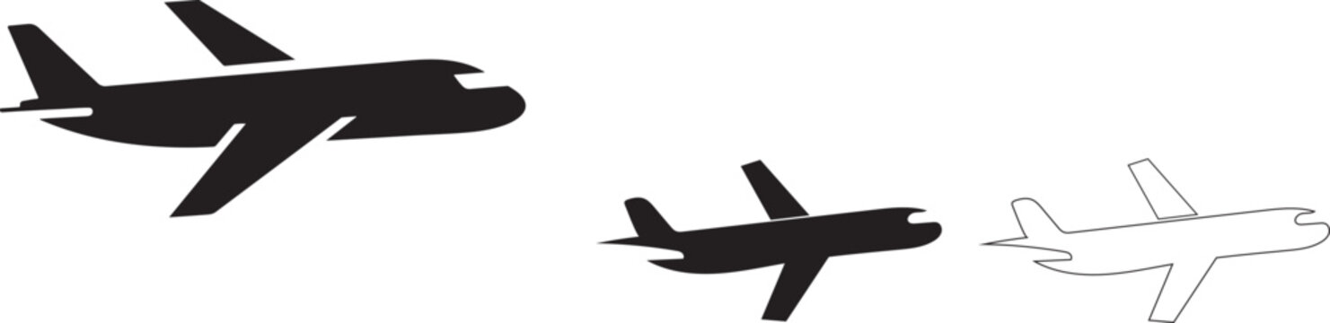 Three different airplane silhouettes flying in the same direction side view