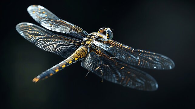 Dragonfly displays complex wing textures with amber light patterns floating in the night atmosphere.