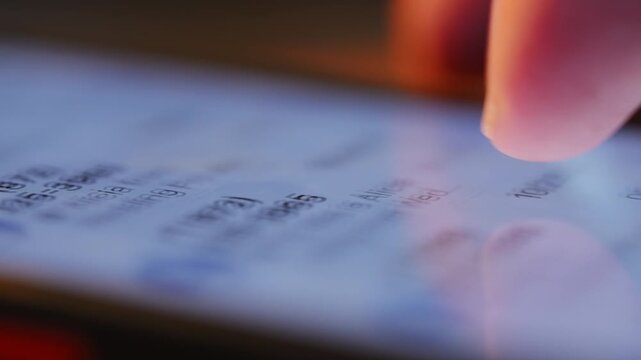 Finger scrolling call history on smartphone screen. Close up of mobile phone interface with recent calls list.