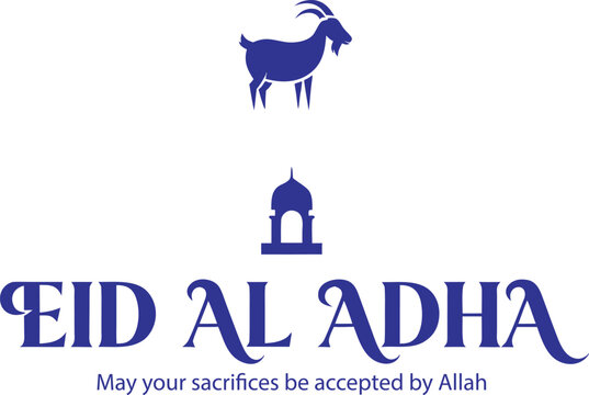 Minimalist Blue Eid al Adha Greeting with Goat Silhouette and Mosque Icon on White Background