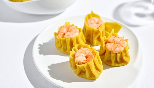 Delicate butterfly shrimp dumplings with intricate pleating served on a white plate