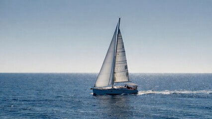 Fototapeta premium Sailboat sailing across calm open sea with horizon