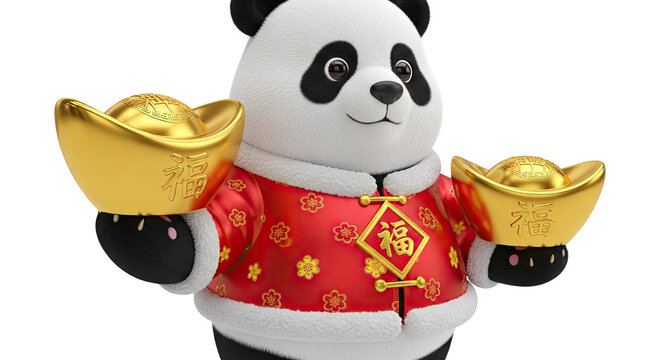 Panda in Traditional Chinese attire holding gold ingots