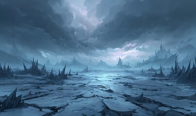 Obraz premium Frozen Dark Wasteland Arena: Desolate Ice Plateau with Sharp Glaciers and Stormy Skies