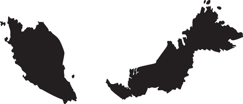 Malaysia map silhouette two distinct landmasses representing Peninsular Malaysia and Borneo isolated on white background for design