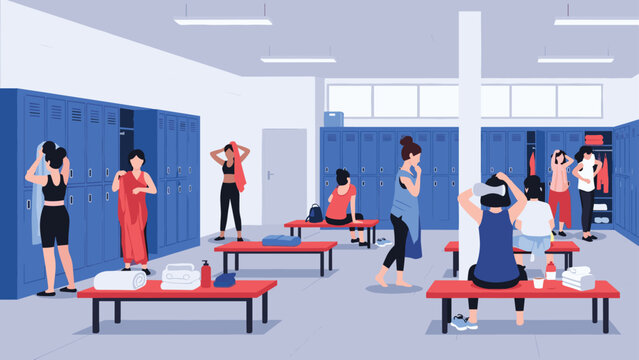 Women prepare themselves in a modern gym locker room, changing clothes and getting ready for their workout or heading home after.