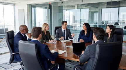 Fototapeta premium Group of Business Professionals Seated Around Conference Table During Professional Discussion