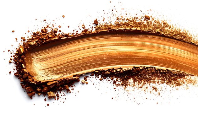 A close-up view shows a golden-toned makeup swatch, with textured powder surrounding a shiny, smooth application