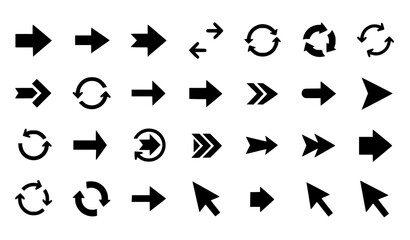 Collection of diverse black arrow icons directional circular and pointing styles for design and user interface elements © vector design 