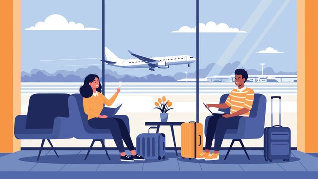 Travelers sit in an airport terminal lounge waiting for their flight while watching a large airplane take off through the wide windows.