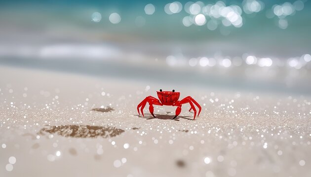 Vivid red ghost crab on pristine white sand beach.