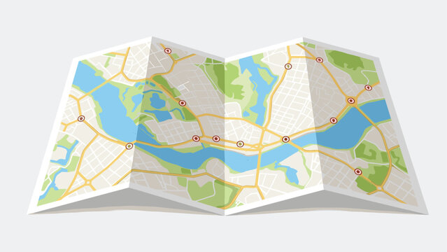 Detailed city map is shown unfolded with various roads, landmarks, and a river flowing through the urban landscape for travel planning.