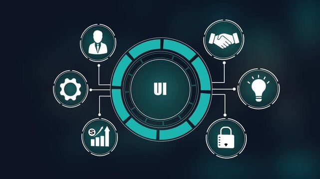 UI design interface concept, user interface development, creative business strategy, digital technology innovation, teamwork partnership and data security.