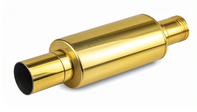 Polished gold colored cylindrical exhaust muffler with threaded end and opening