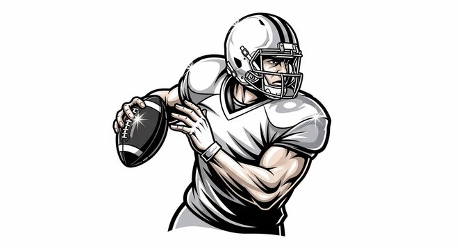 力強い筆致、ボールを投げるアメリカンフットボール選手