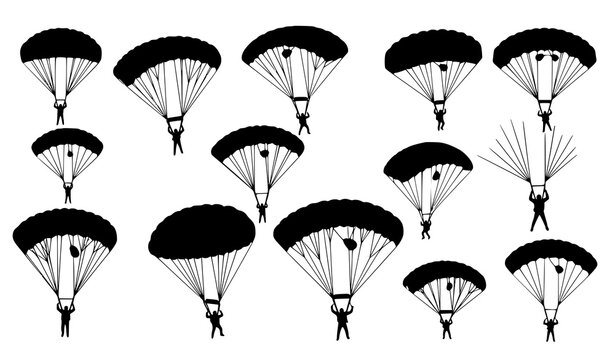 A collection of black silhouette illustrations depicting various perspectives of parachutists in mid air descent showcasing dynamic movement