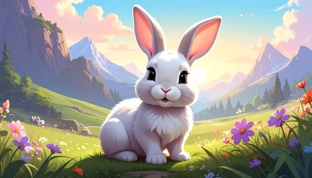 A cute white bunny sits in a lush green meadow filled with wildflowers under a vibrant, sunny sky with rolling hills