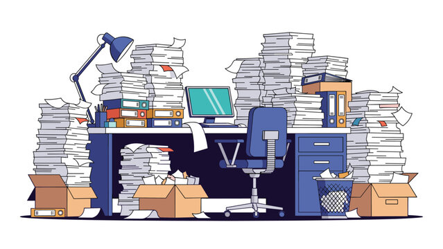 Overwhelmed office workstation cluttered with massive piles of documents, boxes, and a computer symbolizing heavy workload.