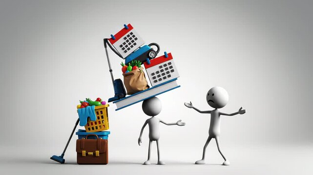 頭上に積み上がる家事や仕事の負担を抱える棒人間のメンタル負荷表現