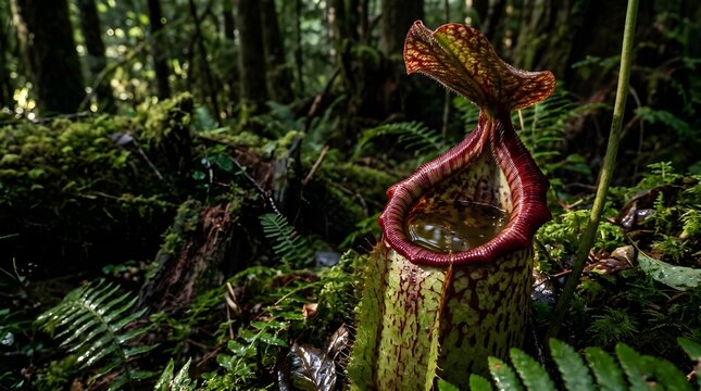 Carnivorous Nepenthes pitcher plant filled with rainwater on a mossy tropical forest floor. Close-up of a wild tropical pitcher plant in its natural jungle habitat surrounded by ferns and ancient tree